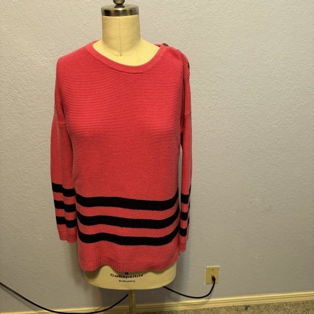 Boden Pink Stripe Crewneck Long Sleeves Button Oversized Wool Cotton Sweater